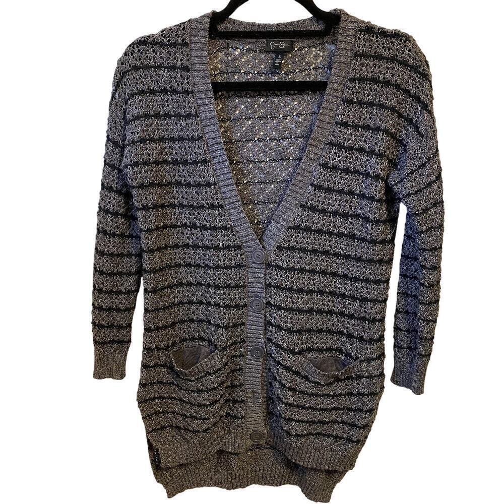 Jessica Simpson Women S Cardigan Sweater Grandpa Core Open Knit GrayBlack Preppy